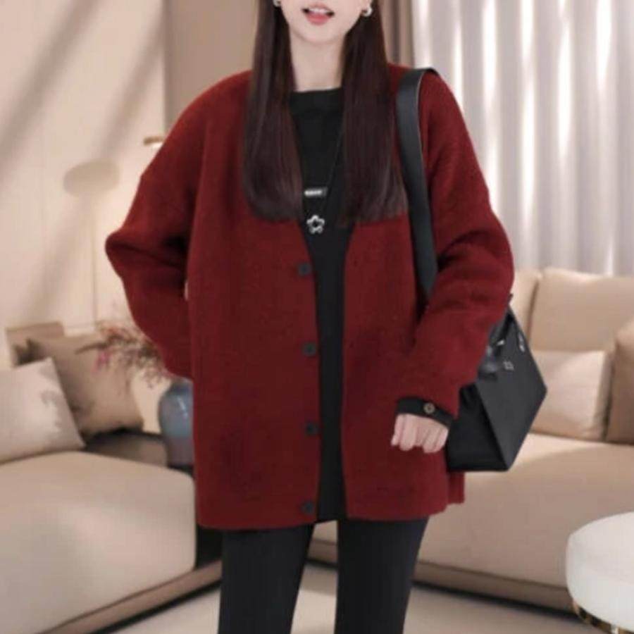 欧洲站红色加厚V领毛衣外套女2025年秋季宽松慵懒风中长款开衫潮