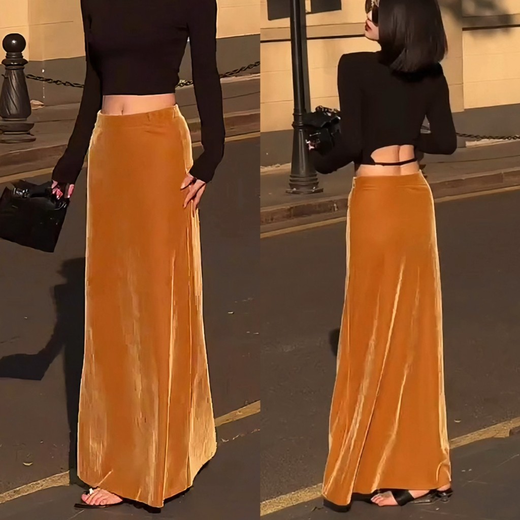 欧洲站覆古中长款高腰丝绒半身裙女2025年秋季新款鱼尾a字包臀裙,女装/女士精品,半身裙,淘宝优惠券,粉丝福利购,淘宝优惠卷