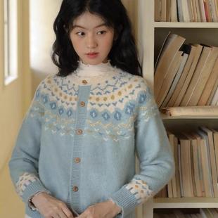 北欧风费尔岛针织毛衣开衫 复古撞色宽松慵懒风上衣 外套女秋冬法式