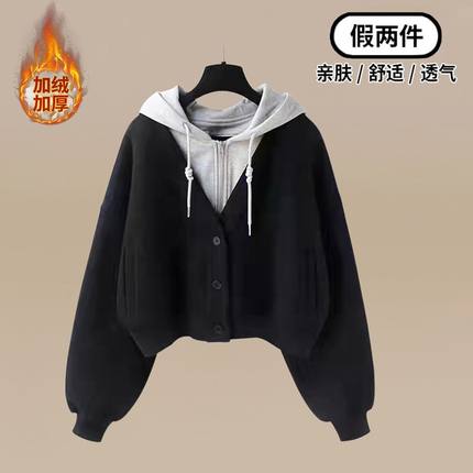 2024秋冬新款洋气中大童连帽假两件短款卫衣初高中女学生加绒外套