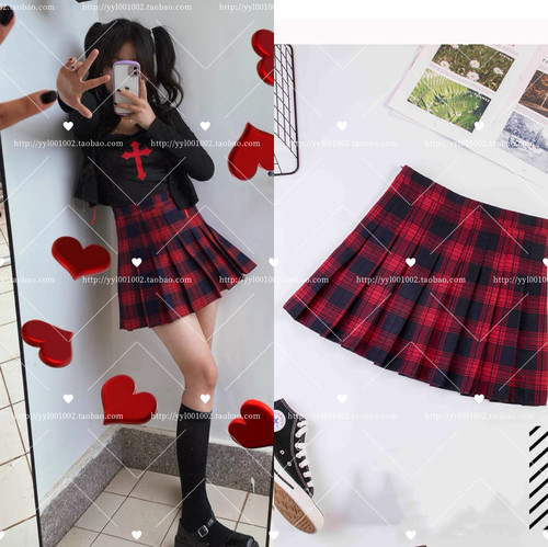 甜美jk制服裙红格子半身裙百褶裙学生百搭显瘦短裙