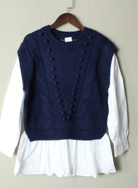 外贸米国单ENGLIS*RY 文艺假两件套针织衫圆领九分袖套头毛衣春秋