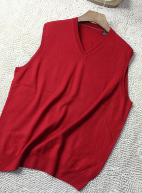 W12*舒适美力诺羊毛衫 外贸秋冬男V领套头针织衫背心红色上衣