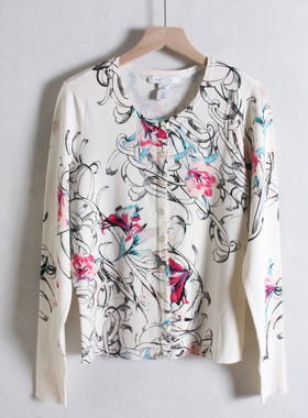 外贸米国单WHTIE*K~花色针织开衫春秋长袖圆领暗扣柔和印花毛衣女