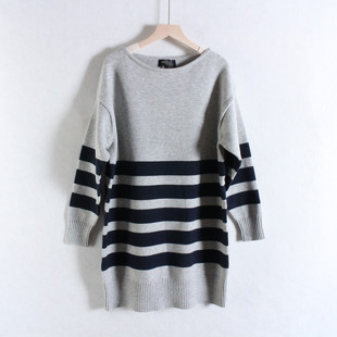 秋冬中长套头毛衣条纹圆领落肩长袖 外贸BANA REP 小奢女装 针织衫