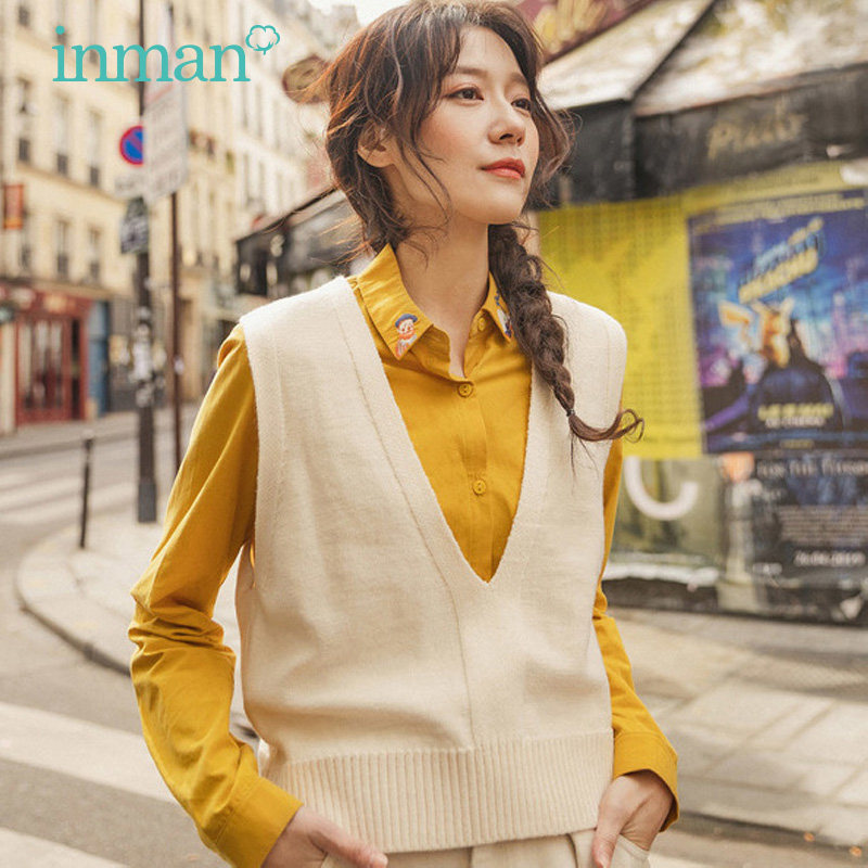 茵曼秋装V领无袖针织衫外穿百搭短款背心马甲内搭针织毛衣女薄款