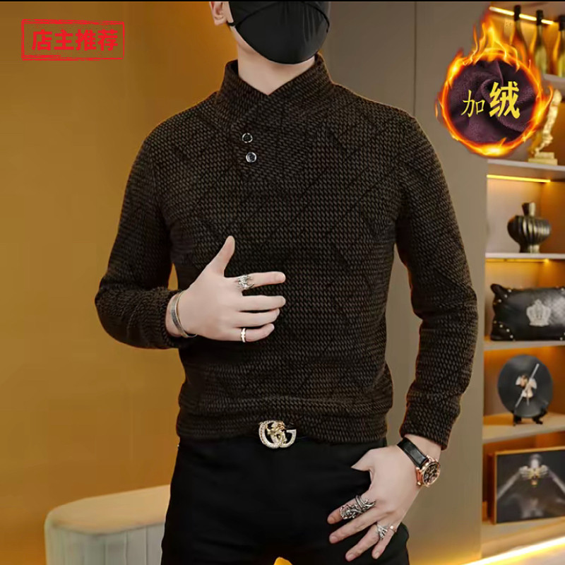 欧洲站轻奢假两件卫衣男潮牌加绒加厚翻领T恤痞帅百搭保暖T恤上衣