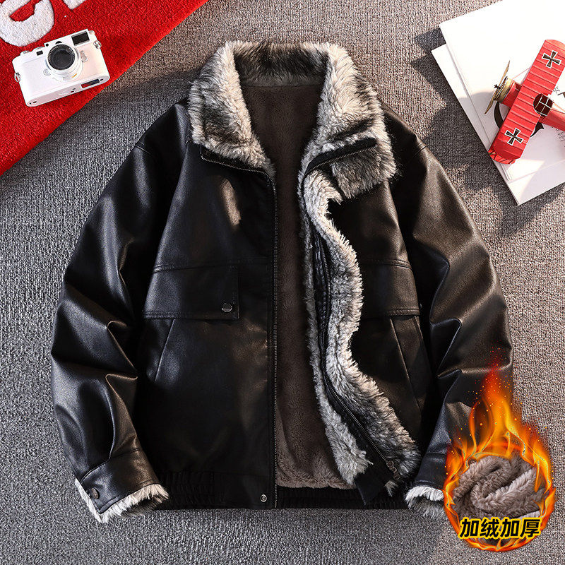 加绒皮衣男连帽毛领机车皮毛一体夹克冬季黑色座山雕短款保暖外套