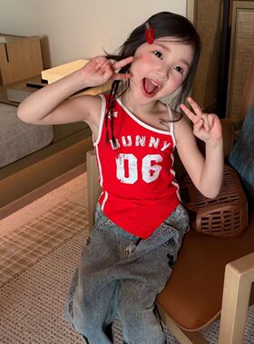夏季女童多巴胺背心26新款儿童吊带宝宝运动服红色上衣辣妹个性装