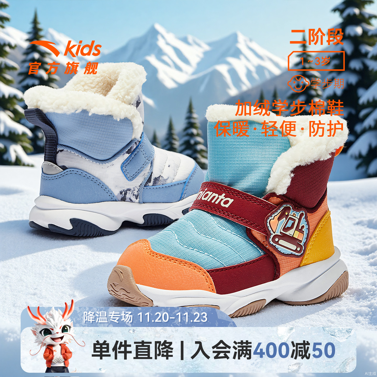 安踏学步鞋加绒加厚雪地靴