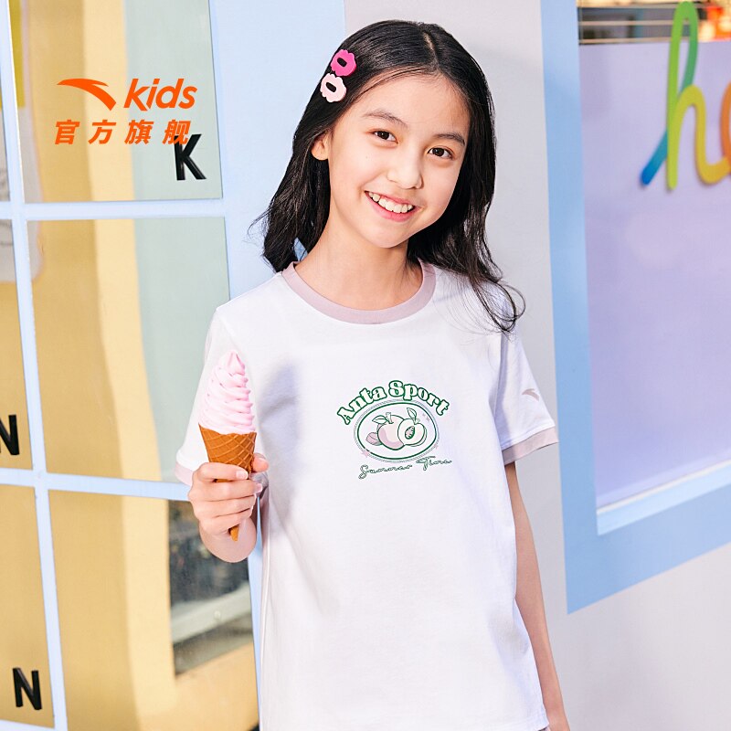 安踏儿童短袖女童水果印花T恤2025夏季新款纯棉短t半袖可爱上衣