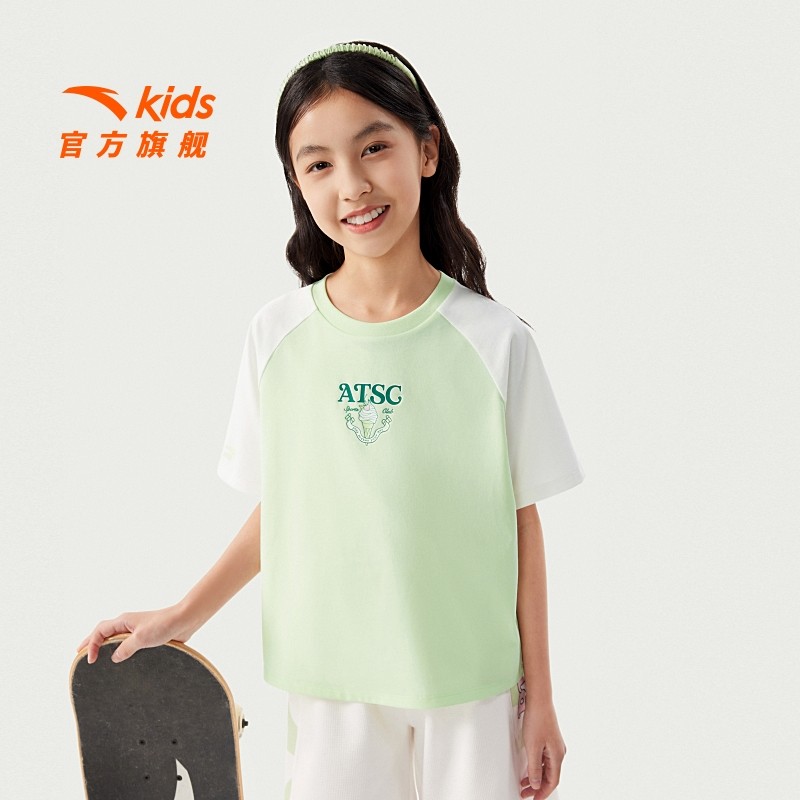 安踏儿童t恤2025夏季新款女童圆领凉感透气短袖上衣撞色萌趣短t