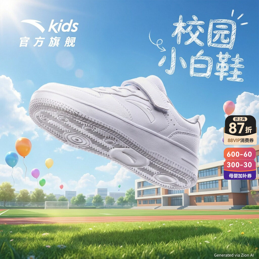 安踏儿童学生小白鞋低帮板鞋男女童夏季青少年运动鞋白色滑板鞋