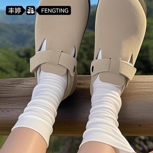 白色堆堆袜女春秋季 纯棉中筒袜抗起球无骨松口月子长袜搭配小皮鞋