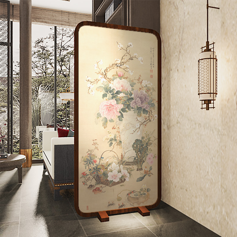中式禅意复古牡丹花屏风隔断客厅装饰移动家用小户型茶室遮挡座屏