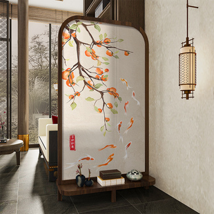 新中式聚财九鱼屏风隔断客厅玄关移动遮挡装饰实木置物架入户座屏