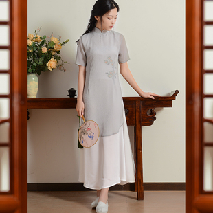 新中式改良旗袍连衣裙长裙优雅短袖立领禅意茶艺师表演工作服仙气