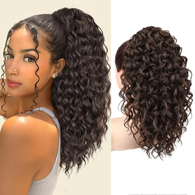 跨境欧美卷发curly马尾辫18英寸非洲波浪抓夹马尾辫长黑棕色