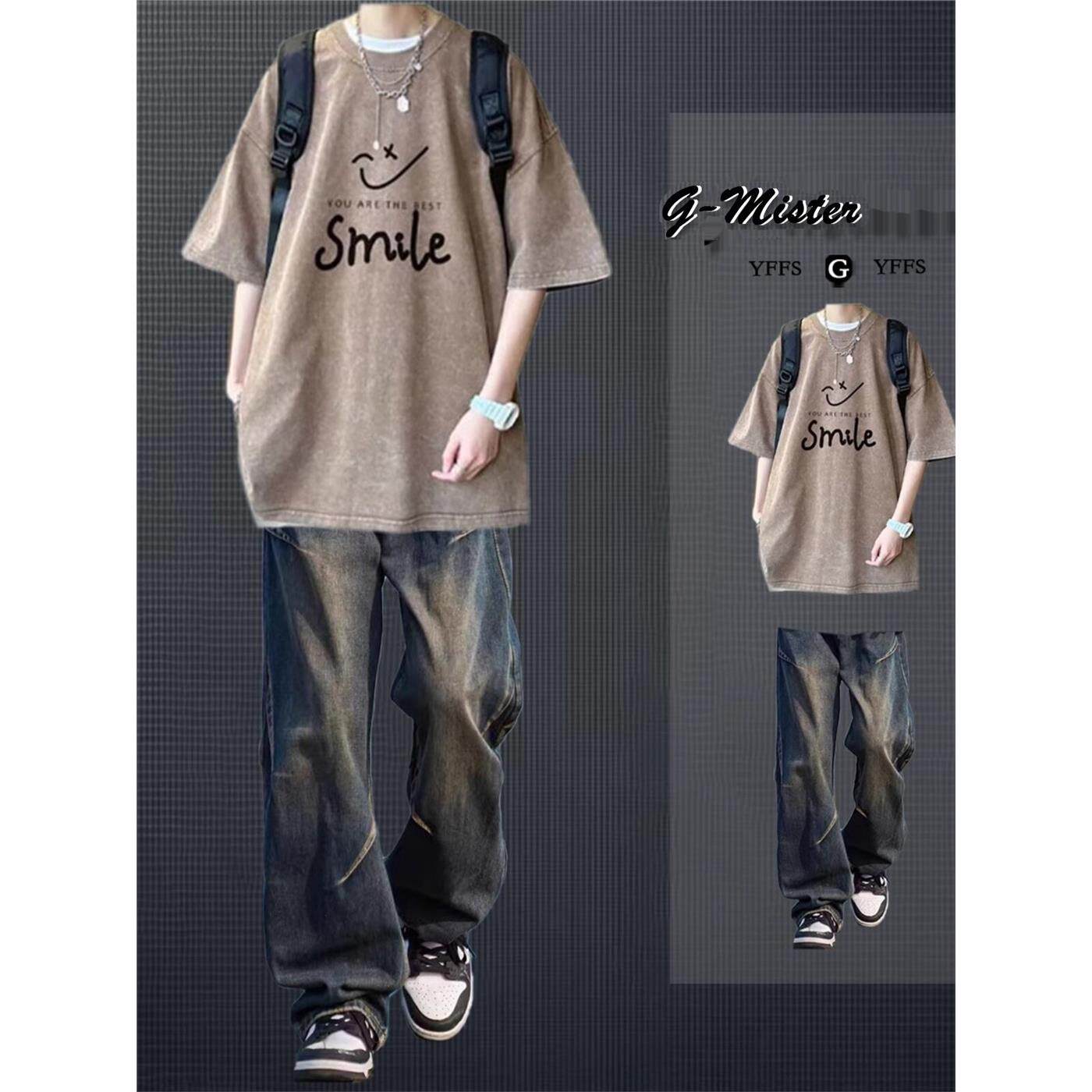 夏季男生短袖t恤套装时髦帅气搭配潮流穿搭牛仔裤两件套街头一套