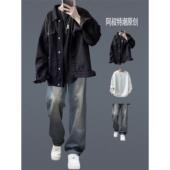 美式 外套 潮牌高街痞帅宽松休闲工装 复古黑色牛仔夹克男春秋季 套装