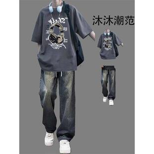 美式高街纯棉短袖t恤男生夏季套装休闲ins潮流高级感男装一套搭配