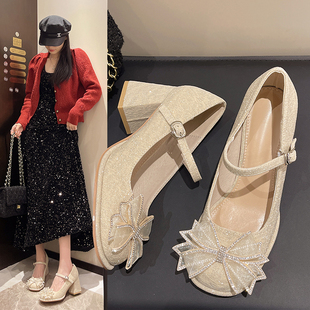 绝美玛丽珍高跟鞋女粗跟仙女风配旗袍裙子禾秀婚纱两穿婚鞋伴娘鞋