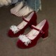 玛丽珍花朵红色婚鞋 圆头 粗跟一字绑带订婚高跟鞋 中式 秀禾新娘鞋