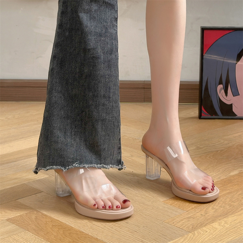 香港春夏踩屎感真皮一字带高跟鞋女粗跟厚底防水台外穿水晶凉拖鞋