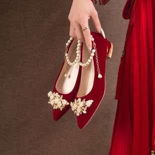 婚鞋红色中式2026新款秀禾平底婚纱两穿新娘孕妇粗跟大码高跟订婚