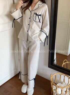 Public republic韩国少女简约竖条纹蝴蝶结老钱风开衫家居服睡衣