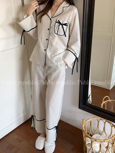 Public republic韩国少女简约竖条纹蝴蝶结老钱风开衫家居服睡衣