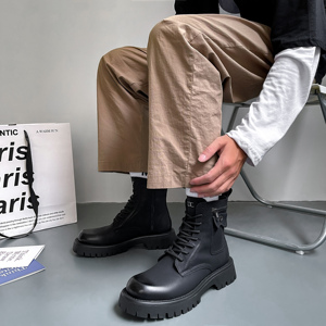 马丁靴男秋冬时尚厚底增高休闲男鞋英伦风保暖男靴中筒加绒皮靴子