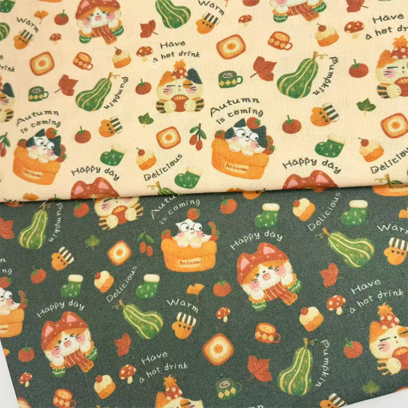 独家版权原创秋日猫猫印花布加密棉麻布料diy手工布桌布猫窝用布