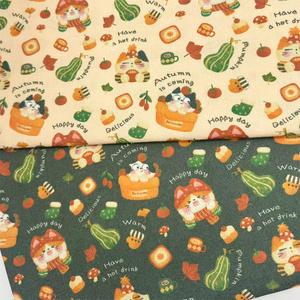 独家版权原创秋日猫猫印花布加密棉麻布料diy手工布桌布猫窝用布