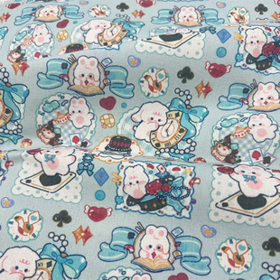 独家版权爱丽丝兔印花布加密棉麻布料diy手工布书皮包包猫窝用布