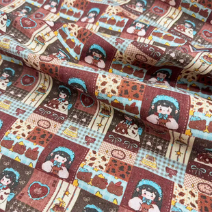 独家版权原创巧克力女孩印花布加密棉麻布料diy手工布包包布桌布