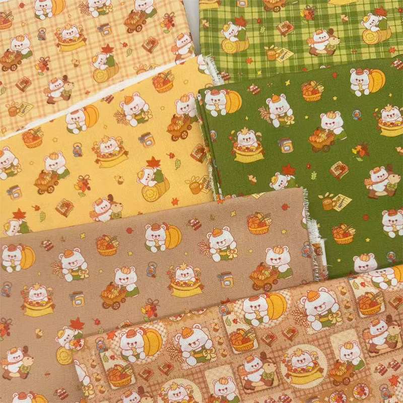 原创版权森系暖秋风格印花布加密棉麻布料diy手工布书桌布书皮布