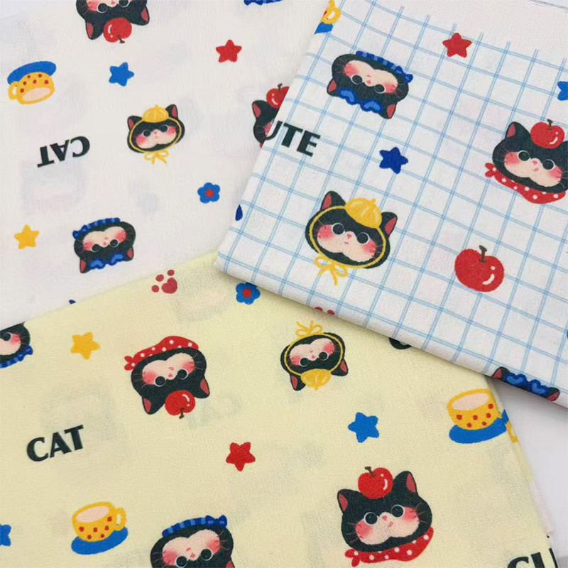 原创版权美式童趣腮红猫加密棉麻布料diy手工布桌布猫窝布包包布