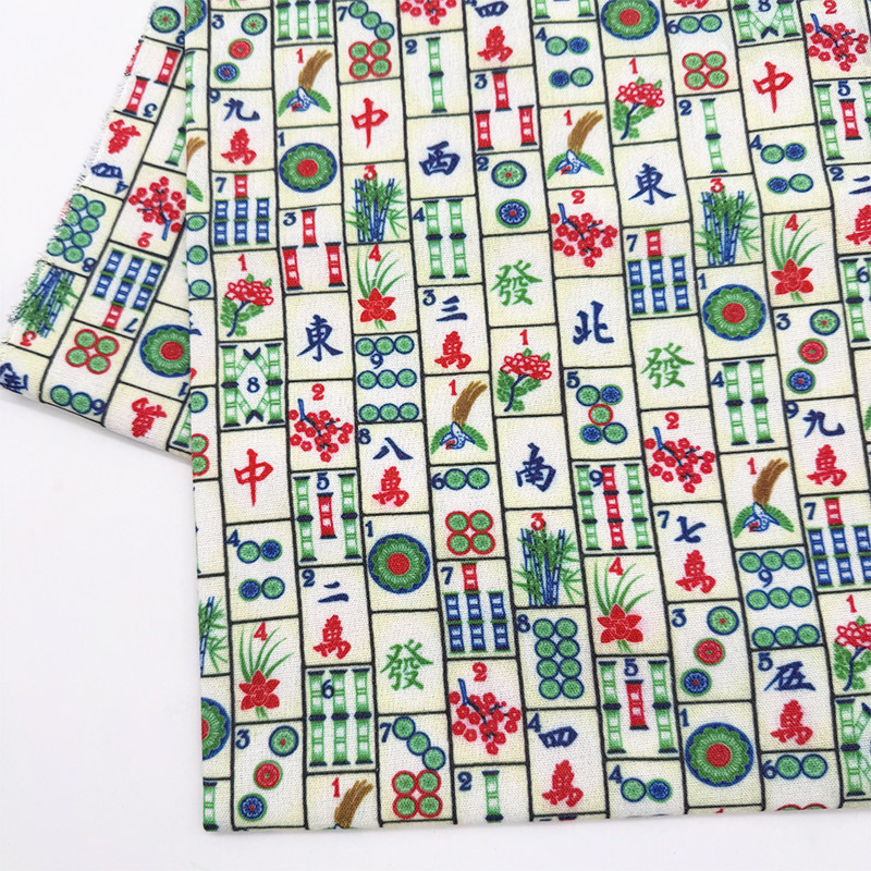 仿麻将元素印花布加密棉麻布料diy手工布头桌布面料窗帘沙发盖布