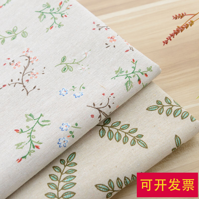 印花棉麻布料绿叶栀子花手工diy布头桌布沙发布亚麻布花布背景布_虎窝淘