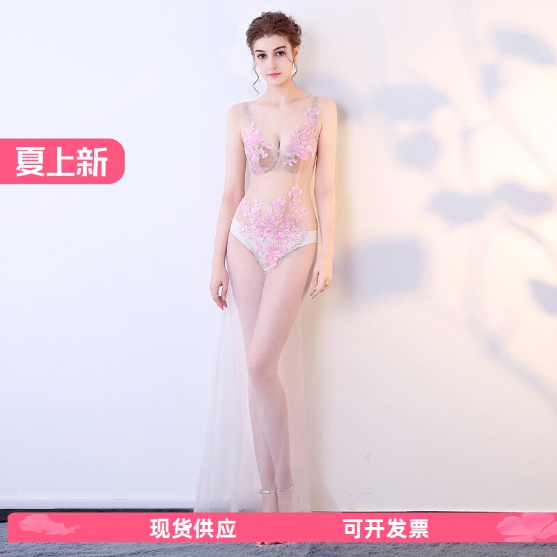 桑拿KTV工作服性感透视装礼服晚装蕾丝镂空透明深V领长款演出服