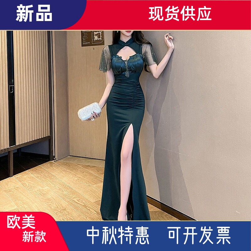 气质长裙沐足浴技师工作服晚礼服连衣裙女修身显瘦立体图案