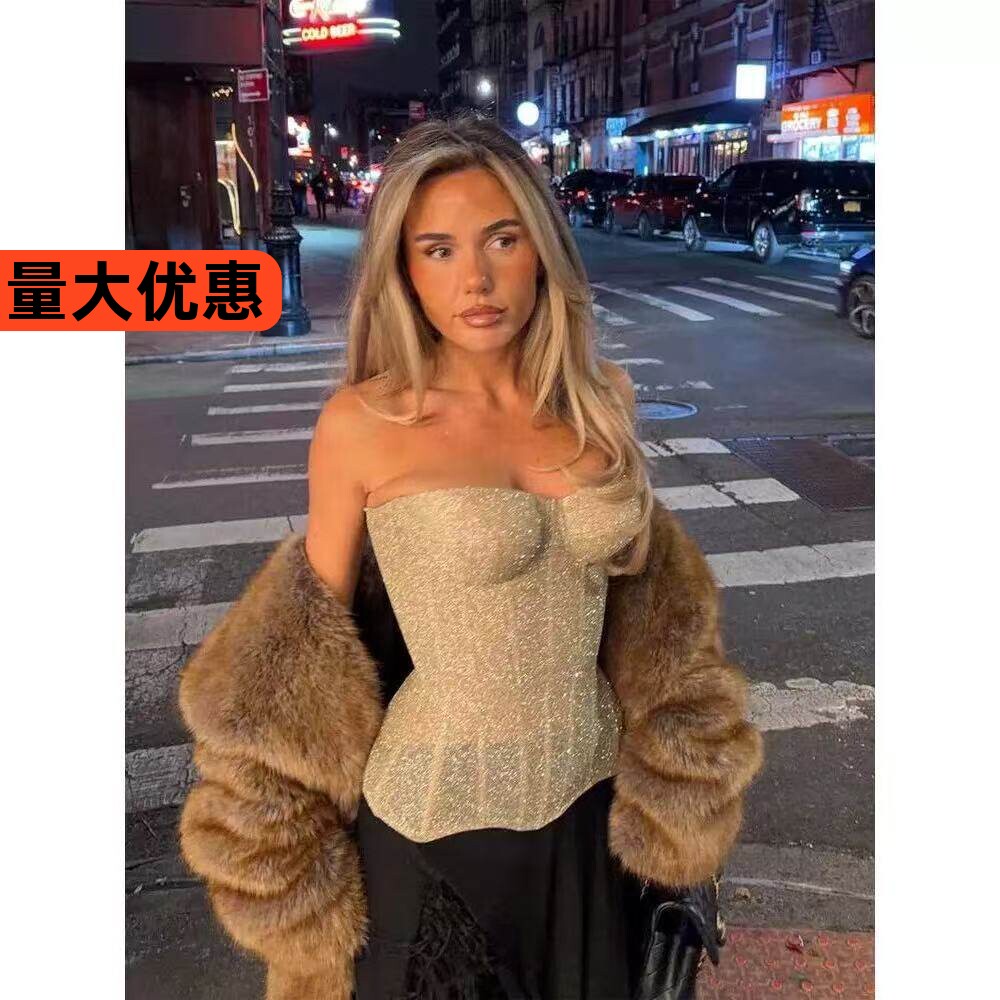 吊带背心女辣妹亮片内搭性感鱼骨胸衣打底抹胸无袖上衣外穿短款