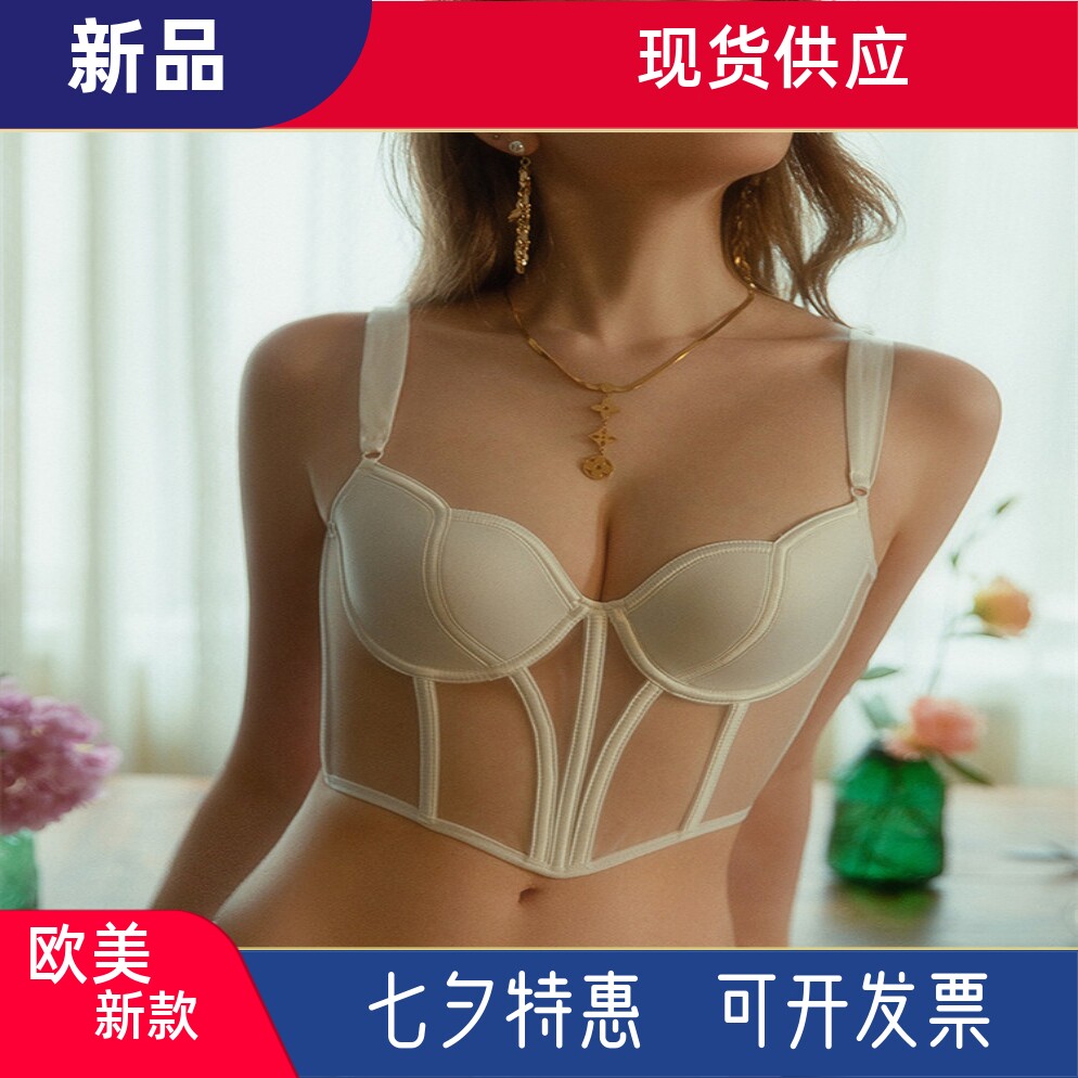跨境薄款大胸显小文胸聚拢收副乳性感内衣法式鱼骨束身马甲式胸衣
