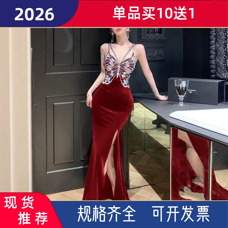 赫本风法式闪钻挂脖连衣裙女春夏高级感名媛party鱼尾丝绒晚礼服