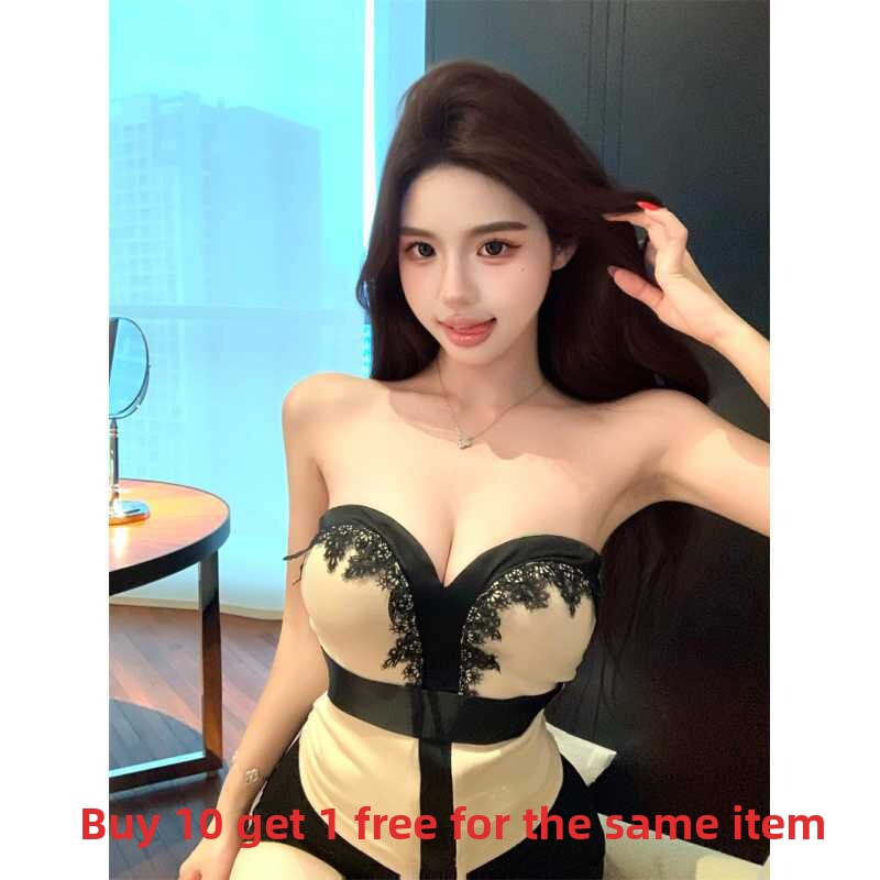 自带胸垫辣妹性感低胸拼蕾丝边抹胸收腰弹力小心机修身显瘦背心潮
