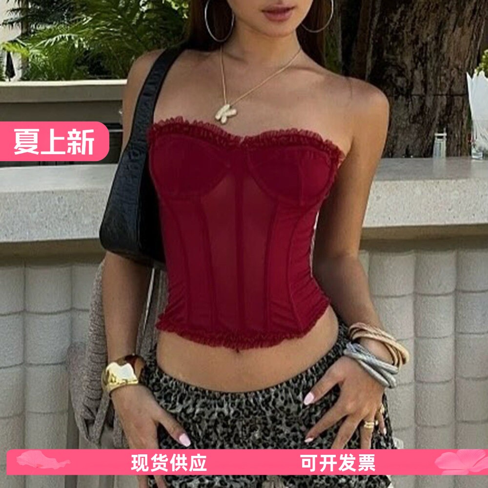 亚马逊欧美跨境外贸性感网纱双层后背绑带吊带裹胸弹力塑身上衣