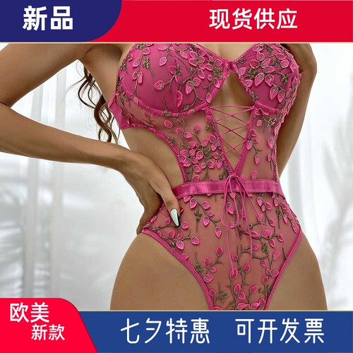 镂空透视蕾丝性连体衣显胸