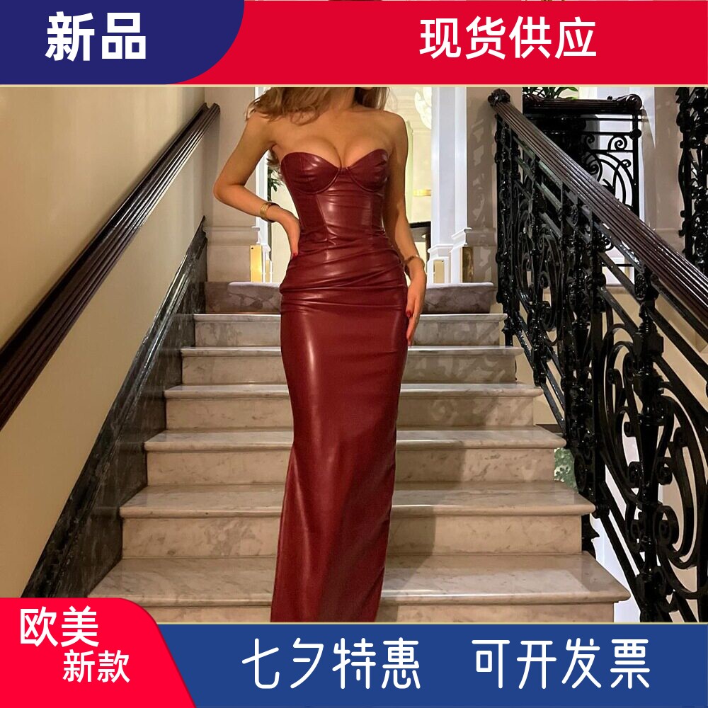 跨境欧美女装 2025亚马逊气质PU皮辣妹抹胸绑带褶皱开叉连衣裙子