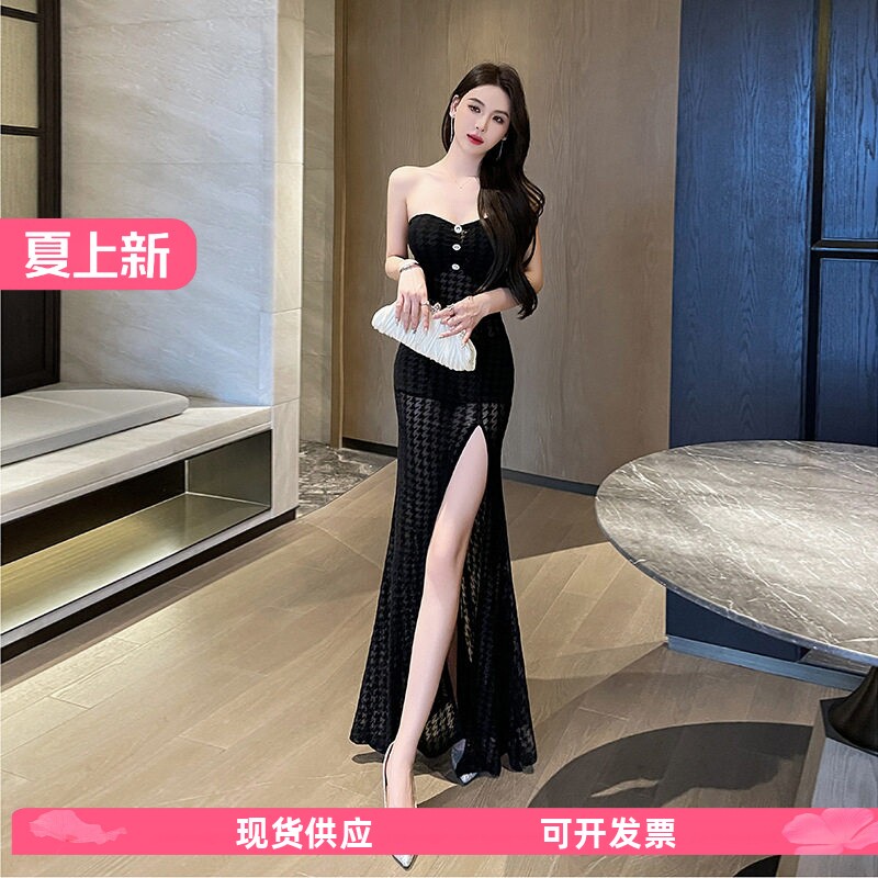 佳丽抹胸开叉连衣裙网纱透视气质露背晚礼服诱惑技师工服长裙